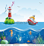 illustration in cartoon style of a ship at sea and fun fish