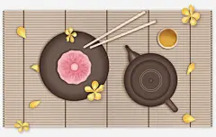 手绘竹席上放着茶杯茶壶和月高清素材 意境 手绘 月饼 茶壶 茶杯 落花 免抠png 设计图片 免费下载
