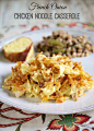 French Onion Chicken Noodle Casserole Recipe - egg noodles, french onion dip, cream of chicken soup, cheese, chicken topped with French fried onions - LOVE this casserole! Can make ahead and freezer for later. You can even split it between two foil pans -