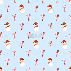 圣诞节无缝图案雪人和糖果手杖。蓝色的雪背景，简单的绘图。用于剪贴簿，包装纸，贺卡，圣诞装饰。可爱的冬