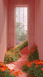 digital screen framed like a tall square paned window on a pink slatted curved wall with flowers growing below, inside window with a c4d style flower surreal landscape with an open concept office setting on screen, digital content on screen, surreal lands