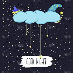 卡通插画手绘的微笑的月亮和星星祝晚安在满天星斗的天空里。矢量