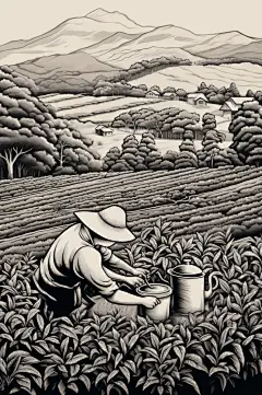 AI数字艺术复古铜版画茶园茶叶插画-众图网