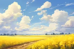 油画风夏天手绘原野插画