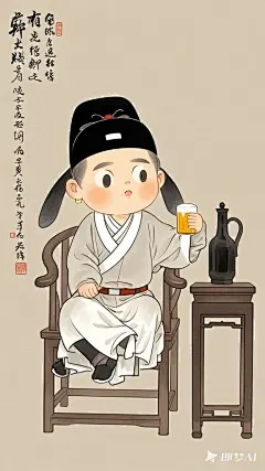 全景,水墨插画,极简主义，三头身，唐代男士插画,男士喝啤酒，现代人物与古风工笔画结合，画风细腻成熟，独特的风格，识别度高，人物讨喜又不失韵味，可爱的Q版唐代风俗画图，背景简洁，纯色背景。 (4)