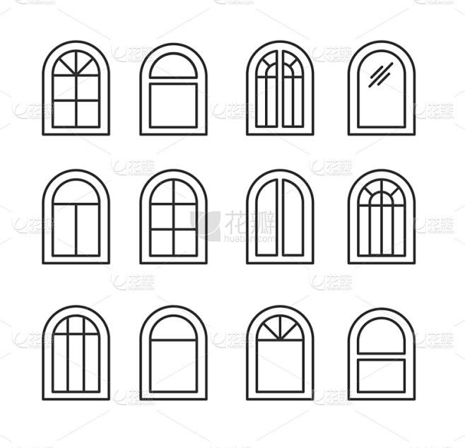 窗户,绘画插图,图标集,组物体,矢量,遮阳篷,拱门,线条,分离着色,边框