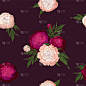 向量牡丹。浅粉色和酒红色花朵的无缝图案。紫红色背景上的花束。花卉装饰、织物设计、包装或服装模板