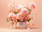 Pink flowers in a white vase on a light pink background, in the style of mike campau, realistic yet stylized, packed with hidden details, light orange and beige, rtx on, fragmented advertising, soft, romantic scenes