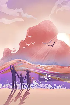一家三口在海边旅行插画图片素材