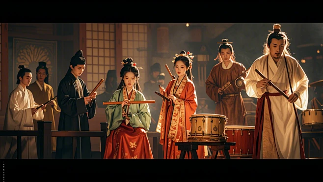 古代乐团在台上表演，有人吹笛子，有人敲鼓，有人敲锣，有人弹琴，有人跳舞，真人实拍,肖像精细,史诗般的构图，超精细，真人写真，电影海报，高清画质-花瓣网