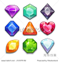 Cartoon vector gems and diamonds icons set in different colors with different shapes, isolated  on the white background.