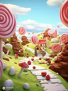 C4D风格卡通可能棒棒糖奶油软糖蛋糕童话城堡世界midjourney关键词咒语-ai宇宙吧