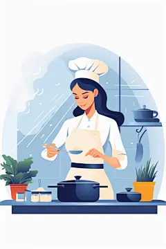 扁平化女孩在家庭厨房做饭人物插画