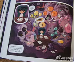 今年Broken Frontier年终奖最佳绘画奖提名作品之一《Nightlights》，作者是哥伦比亚插画家/漫画家Lorena Alvarez Gomez ，由美不胜收的Nobrow出版。故事围绕着小女孩Sandy、出现在她房间中由星星幻化的生物和冷面插班生Morpie展开，每一页的光与色都非常绚烂。作者的一些插画：O网页链接
