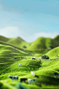 3D illustration of green hills with cows and farmers, blue sky, bright sunny day, high resolution, high details, vibrant colors, miniature people in the foreground, white background, in the style of cartoon 3D , soft shadows, natural lighting, depth of fi