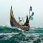 This may contain: a boat with two people in it floating on the water and some flags flying from its masts
