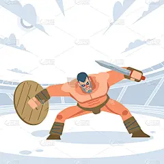 古代武士或角斗士以格斗前的姿势在竞技场上进攻。矢量孤立的平面设计风格