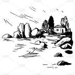 手绘风景，海岸上有房子。矢量草图说明 