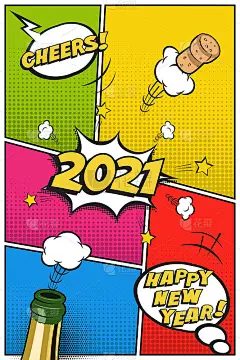2021年新年垂直明信片或贺卡模板。矢量节日复古设计在漫画风格与香槟瓶和飞行软木塞。