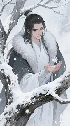 jimeng-2025-09-10-4919-cg动漫伪厚涂人物插画，质感。粗糙笔触，水粉质感。冬日，雾凇，披风，武侠，毛绒披