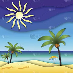 矢量抽象纸拼贴插画与太阳，海，海滩和