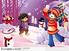 冬季儿童插画－冬天打雪仗的孩子们
