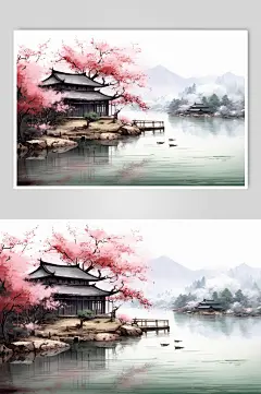 AI数字艺术水墨风徽派建筑江南水乡插画-众图网