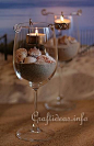 For this project you will need:    - large wine glasses  - tea light inserts  - tea lights  - sand  - seashells  1. First fill the glass about 1/4 full with sand.  2. Arrange the seashells onto the sand as you please.  3. Place the tea light in the insert