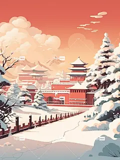 冬天的故宫，东方建筑，白雪和深红色的墙壁相互映衬海报