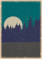 复古夜晚月亮森林插画矢量图设计素材