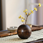 日式烧桐木花瓶 实木花插 木质花瓶摆件 台面小花瓶茶道必备