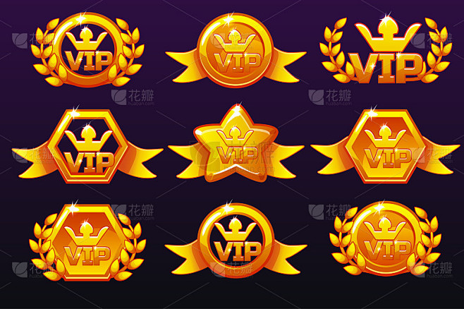 黄金模板VIP图标的奖项，为手机游戏创建图标。矢量概念赌博资产，设置不同形式的手机应用图标和桂冠花环