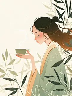 摄图网_402563401_正在喝热茶优雅的扁平风古风卡通女人（企业商用） (1)