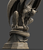 Nightgaunt Statue, Cliff Schonewill : I made this Nightgaunt statue with the idea that the figure would have been made out of a type of clay because of the complexities of its wings and tail, then placed on its marble perch. Being made of clay, glazes wer