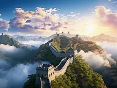 全景万里长城水彩手绘插画风景写实云海山脉长城城楼北京中国著名景点名胜古迹