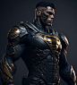 a man dressed in black and gold armor
