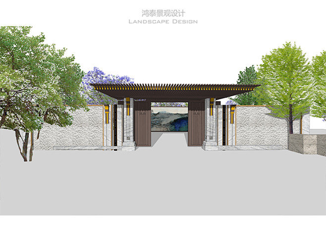 SU模型新中式新亚洲小区大门入口门岗建筑...