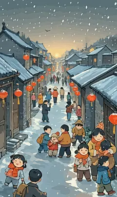 春节雪景街景庆春插画图形元素