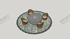 乡村民俗广场景观小品 【酷图网】石桌凳,户外坐凳,户外座椅,石磨坐凳,乡村小游园,民俗广场,乡村广场,景观广场,草图大师,草图大师模型