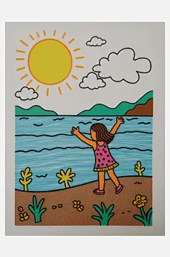 数字艺术插画版画海边女孩线条画扁平风装饰-众图网