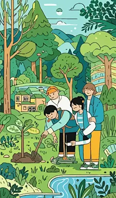 植树节父子种树矢量插画图形