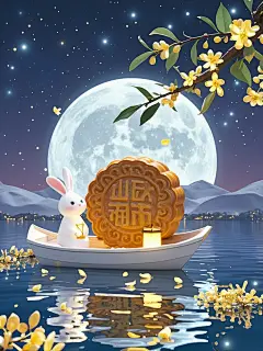 中秋佳节，广角，背景是一轮巨大的发光圆月，星空。中景湖面，一条白色的小船上面装着一个巨大的圆形月饼，可在的小白兔坐在船头提着灯笼，前景桂花树枝，花瓣飘落，背景是巨大的发光圆月，星空，意境优美，梦幻，浪