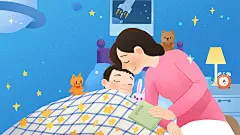 晚安你好家庭温馨母亲哄孩子睡觉插画