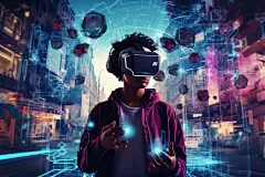 虚拟场景赛博朋克几何VR眼镜人物插画图片