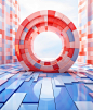 3D rendering of a circular wheel made from blue blocks and blue tiles, in the style of vibrant stage backdrops, rectangular fields, ps1 graphics, light red and blue, thom mayne, active brushstrokes, lightbox
