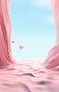 pink leaves on surface of a pink fabric background, in the style of surreal 3d landscapes, xiaofei yue, sky-blue, soft renderings, minimalistic landscapes, ue5, candycore