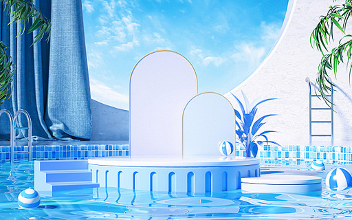 C4D蓝色立体创意狂暑季夏季电商展台背景...