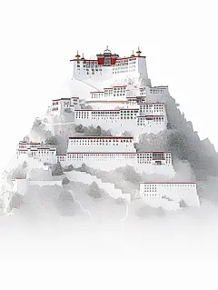 布达拉宫被白色浓雾包围，佛教禅宗平面插图海报