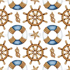 水彩画船舶设备、海洋旅游、海洋生物无缝图案。船舶导航。救生圈，方向盘，绳结，海星。手绘海上背景