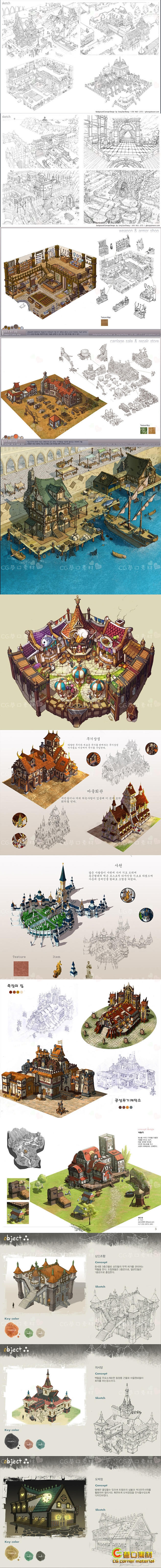 韩国游戏场景原画素材 建筑设计线稿原稿图...